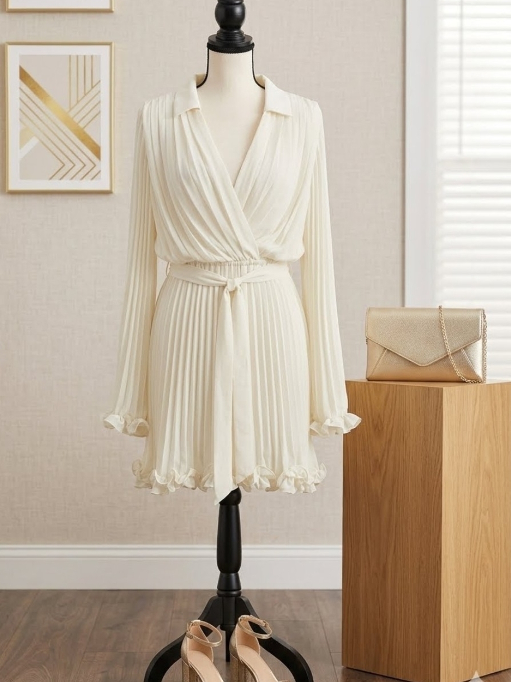 Mila Mae Long Sleeve Pleated Chiffon Faux Wrap Minidress - Cream. - Picture 2 of 4